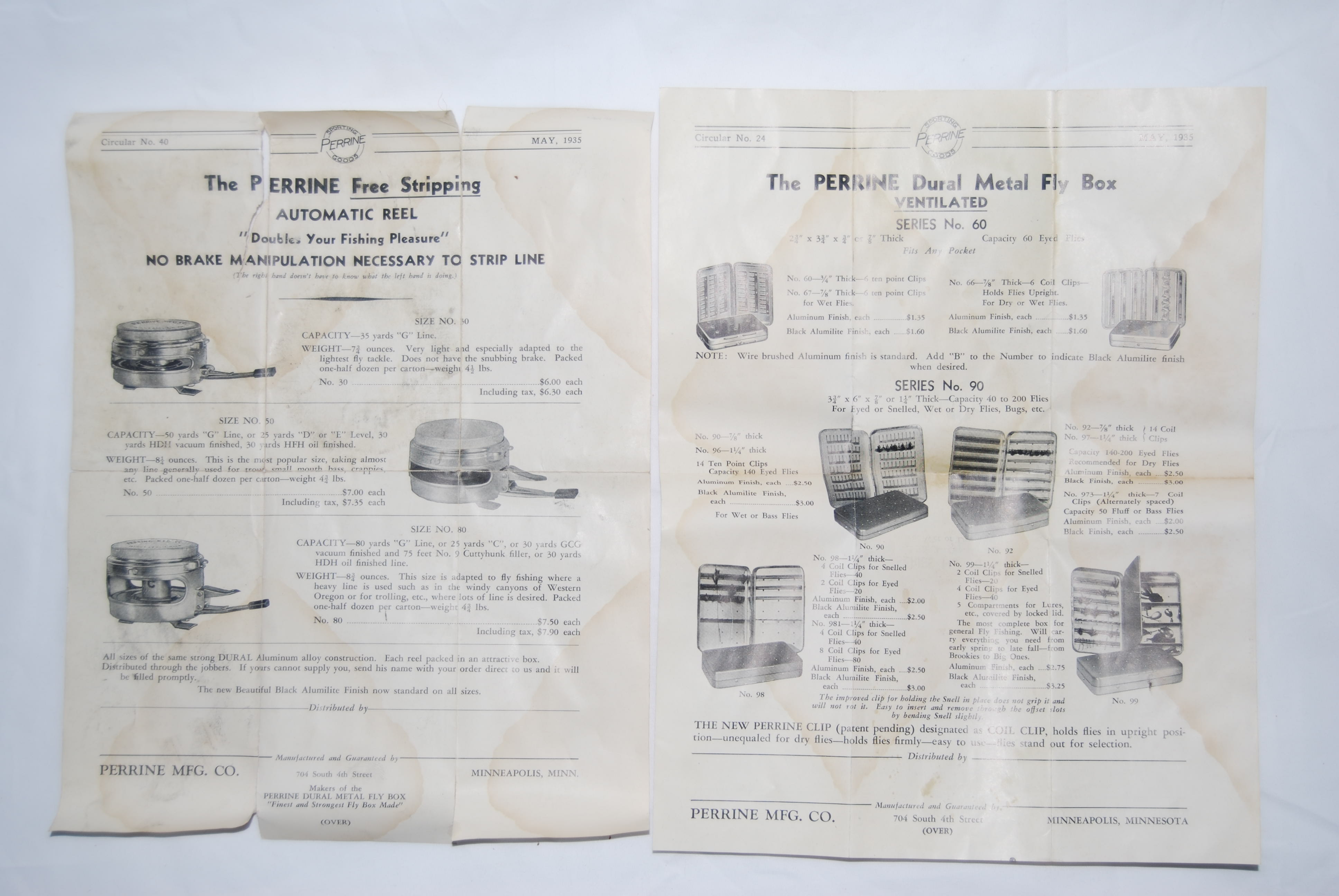 2 7/8” PERRINE NO. 30 FREE STRIPPING AUTOMATIC FLY REEL. 7 ¾ oz. Capacity  35 yd. “G” line. In original Box with Perrine Circular No. 40 dated May